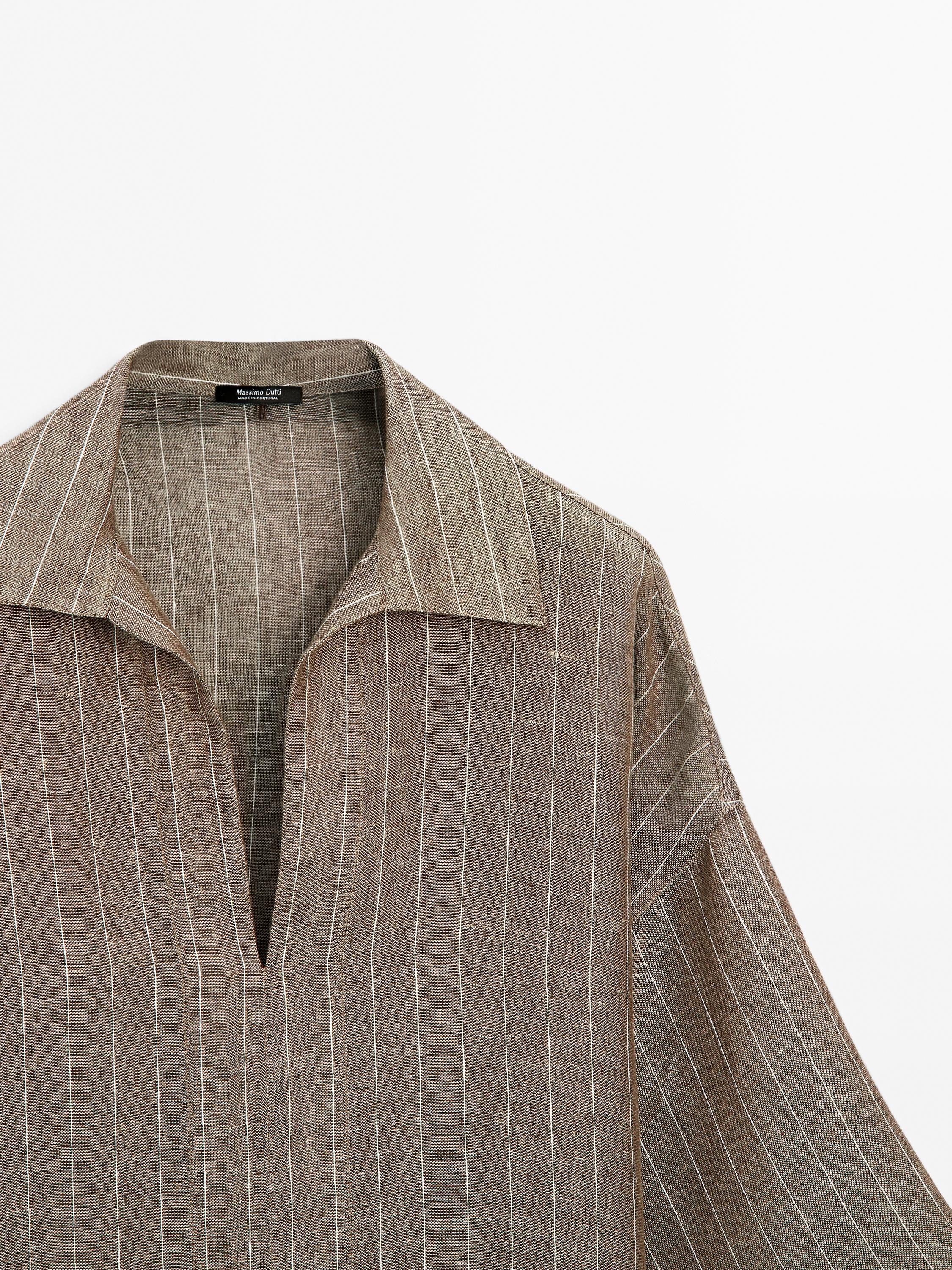 Chemisier à rayures col ouvert et lin